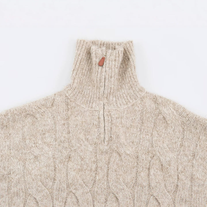 Women's Chunky Knit Long Sweater with Cable Pattern and Half-High Zip Collar Mune Fashion
