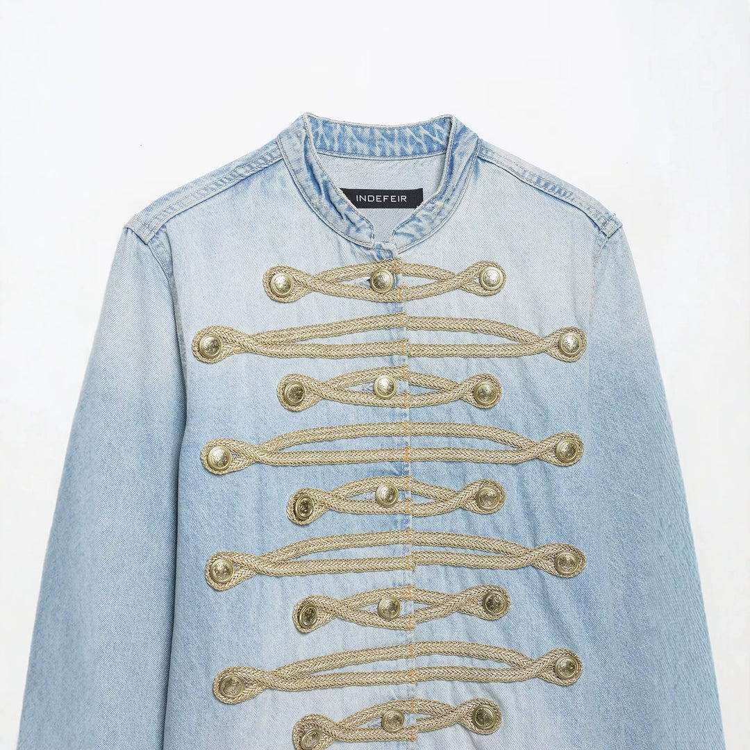 Women's short denim jacket in military style with cord appliqué and mandarin collar Mune Fashion