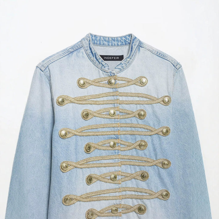 Women's short denim jacket in military style with cord appliqué and mandarin collar Mune Fashion