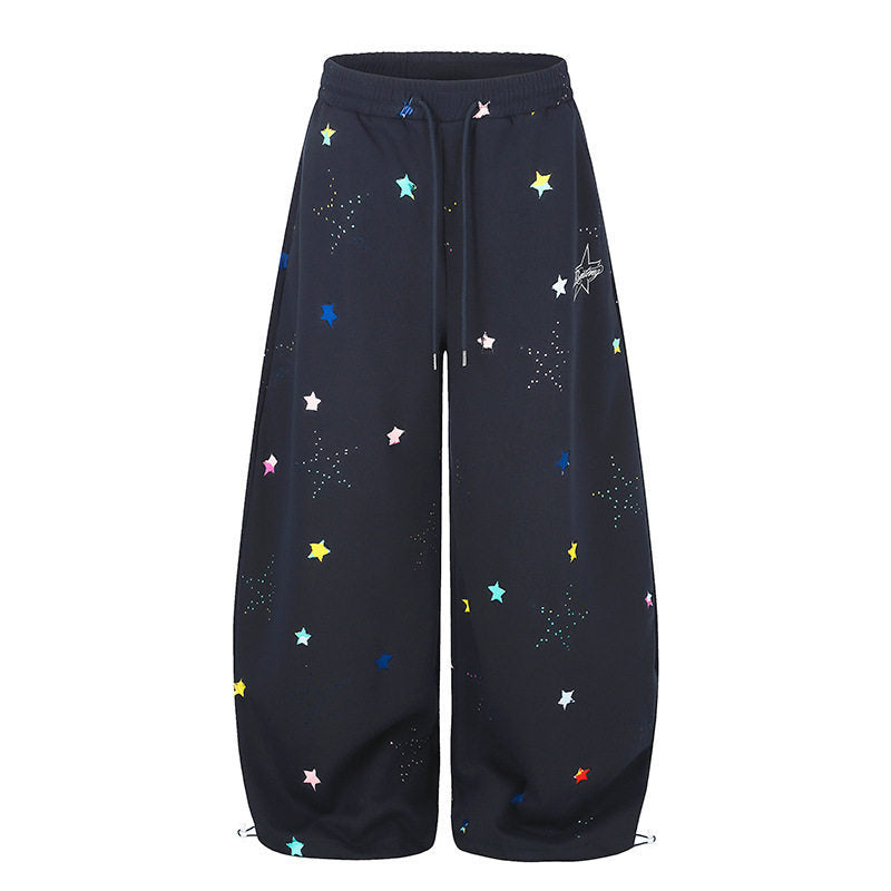 Women's Extra Wide Palazzo Sweatpants in Balloon Cut with Elastic Comfort Waistband, Drawstring, and Star Application Mune Fashion