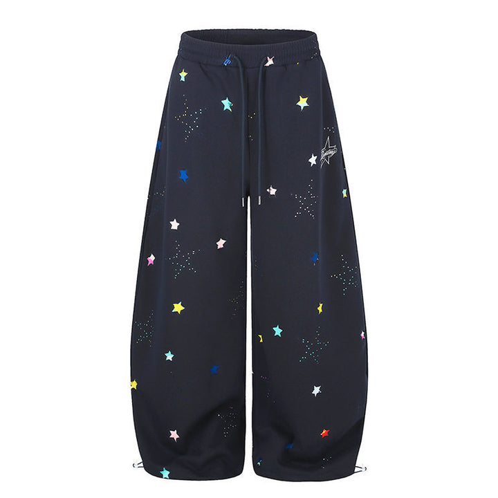 Women's Extra Wide Palazzo Sweatpants in Balloon Cut with Elastic Comfort Waistband, Drawstring, and Star Application Mune Fashion
