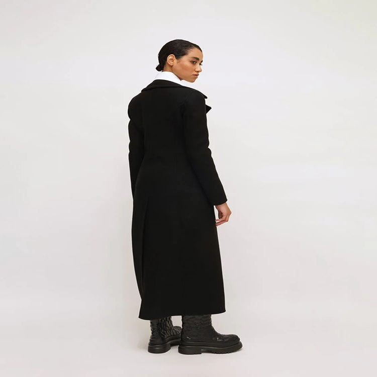Women's Elegant Floor-Length Wool Blend Long Coat in Clean-Cut Double Breasted with Textured Shoulder Part Mune Fashion