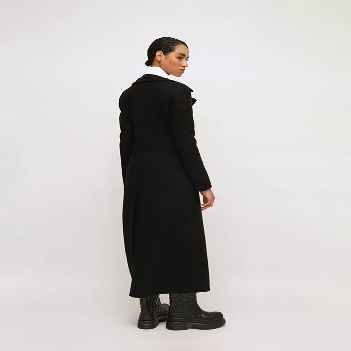 Women's Elegant Floor-Length Wool Blend Long Coat in Clean-Cut Double Breasted with Textured Shoulder Part Mune Fashion
