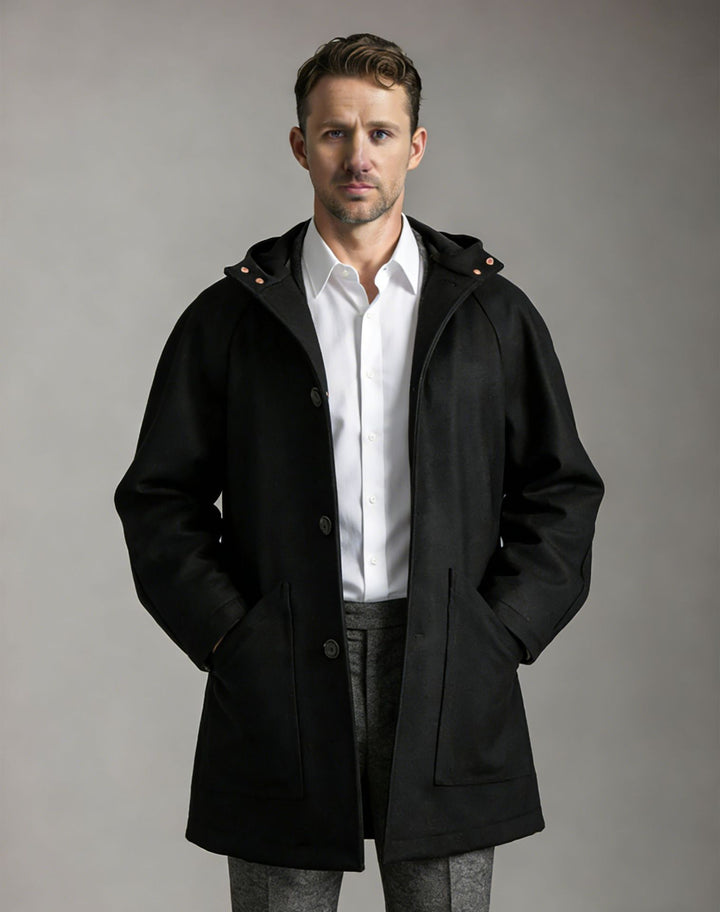 Men Tailored Wool Blend Coat with Hood and Concealed Button Placket Mune Fashion