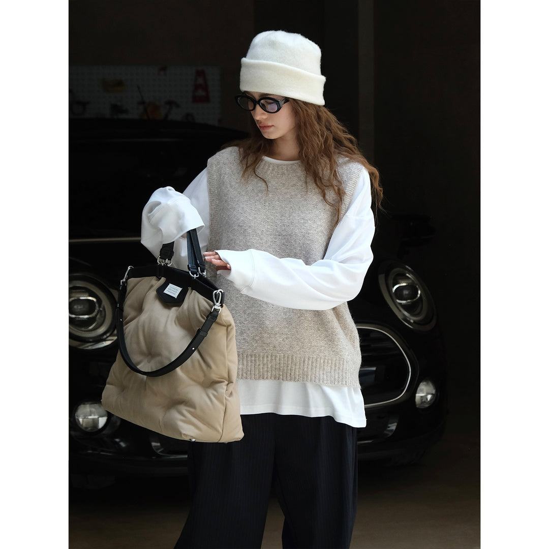 Women Soft Oversized Knit Vest made of Wool Blend with Round Neckline Mune Fashion