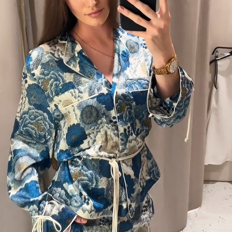 Women Two-Piece Floral Jacquard Loungewear Set with Waist Belt, Piping and Tied Sleeves Mune Fashion