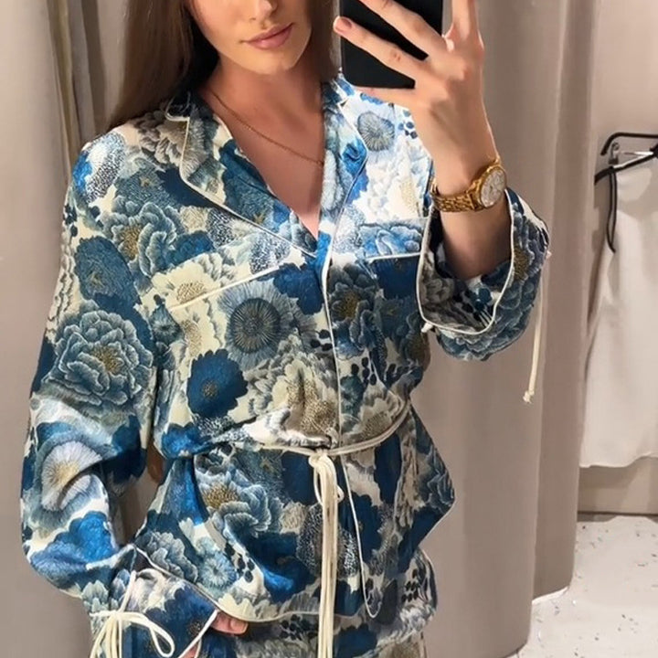 Women Two-Piece Floral Jacquard Loungewear Set with Waist Belt, Piping and Tied Sleeves Mune Fashion