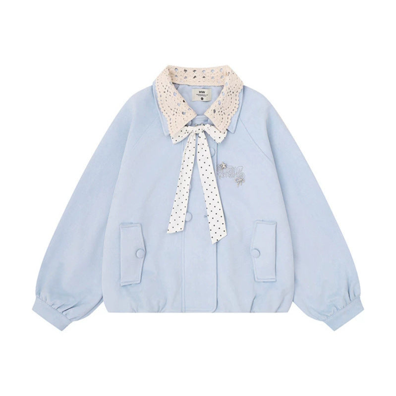 Women's Short Bomber Jacket with Crochet Collar and Ribbon Mune Fashion