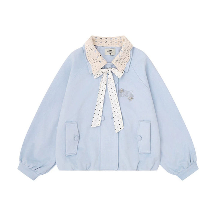 Women's Short Bomber Jacket with Crochet Collar and Ribbon Mune Fashion