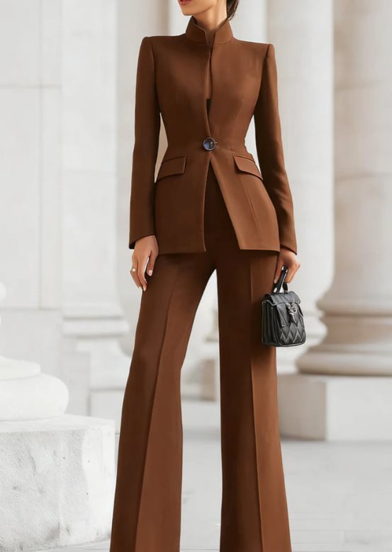 Women Tailored Blazer with Stand Collar and High-Waist Flared Pants Mune Fashion