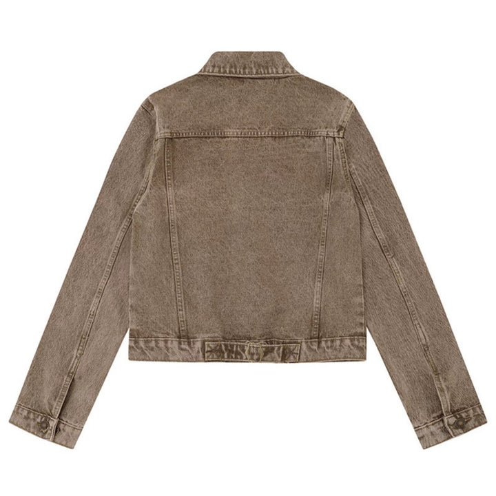 Women's short vintage denim jacket with chest pockets, zipper detail and button placket Mune Fashion