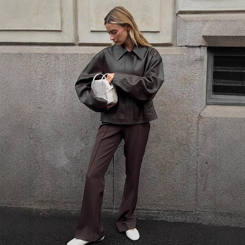 Ladies Cropped Boxy Jacket made of faux leather with oversized collar and concealed zipper placket Mune Fashion