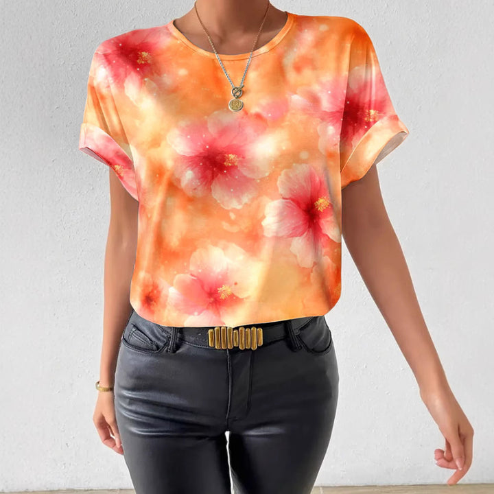 Women's loose short blouse shirt in silky look with watercolor flower print and rolled-up sleeves Mune Fashion