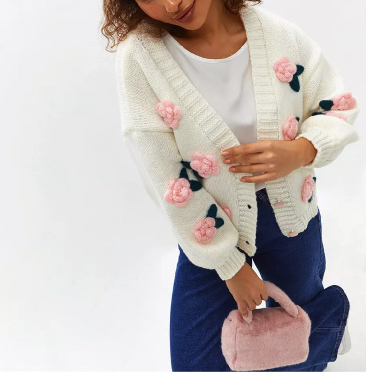 Women's Floral Knit Cardigan with 3D Flower Appliqués and V-Neck Mune Fashion