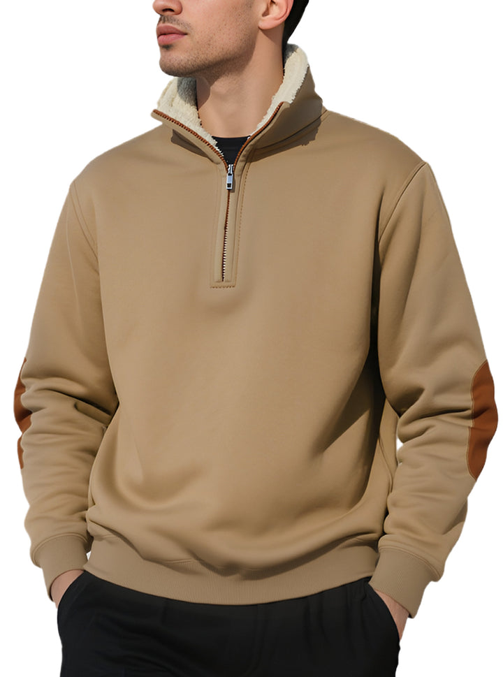Men's nano lightweight half-zip sweatshirt with sherpa lined stand-up collar and faux leather elbow patch Mune Fashion
