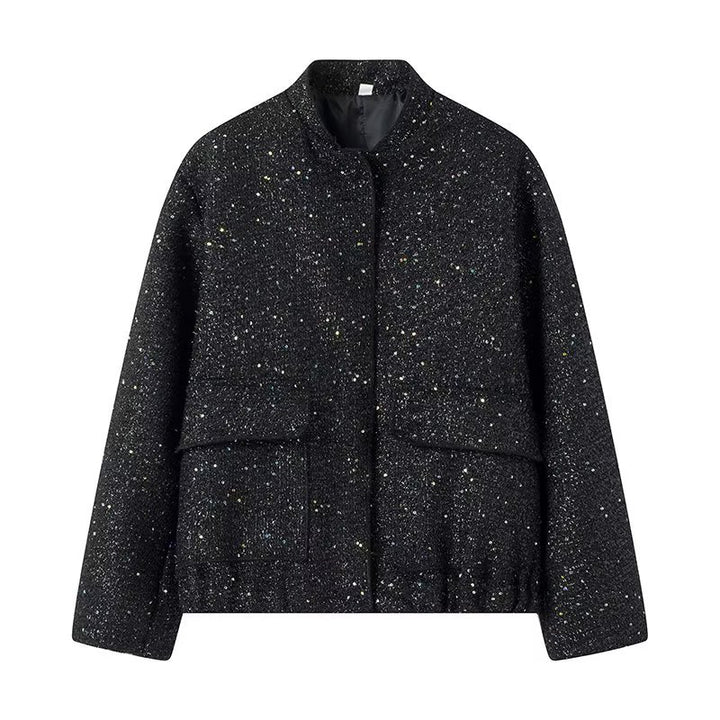 Ladies nan sparkling short boxy jacket with elastic hem and subtle stand-up collar Mune Fashion