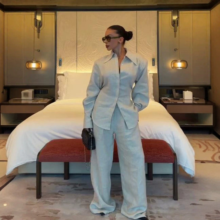 Women's Loose Linen Two-Piece with Boxy Shirt Blazer and Wide Palazzo Pants Mune Fashion