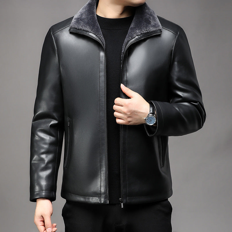 Men's Smooth Leather Blouson with Teddy Collar and Warm Faux Fur Lining Mune Fashion