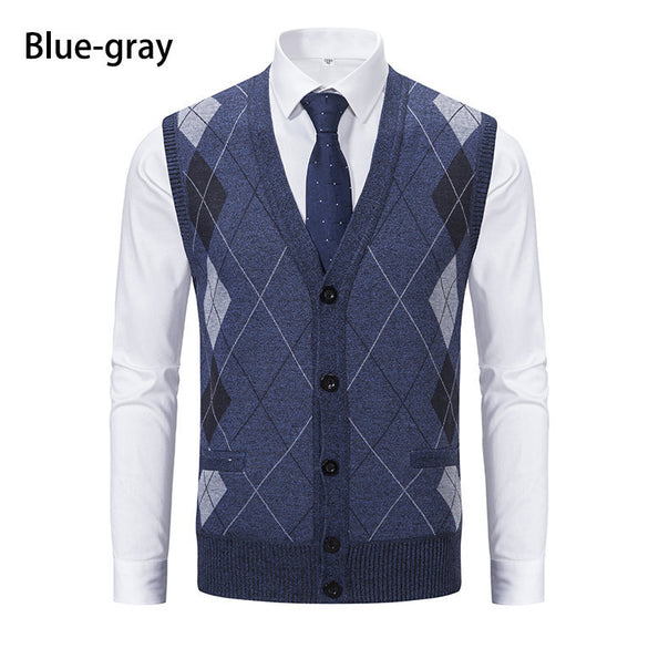 Men's Sleeveless Diamond Knit Vest with V-Neck and Button Placket Mune Fashion
