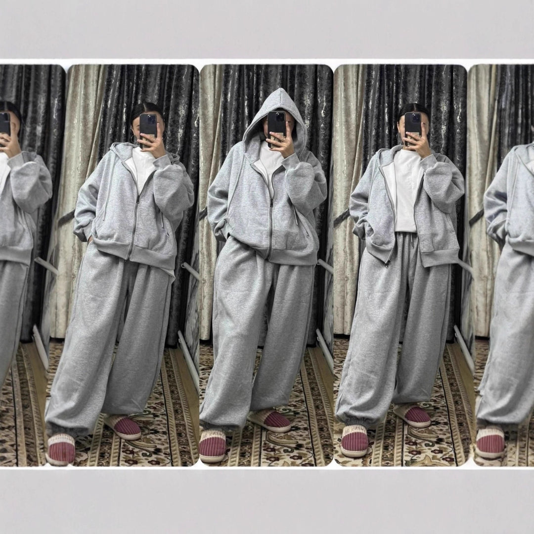 Women's oversized hooded jacket with zipper and wide jogging pants lounge set Mune Fashion