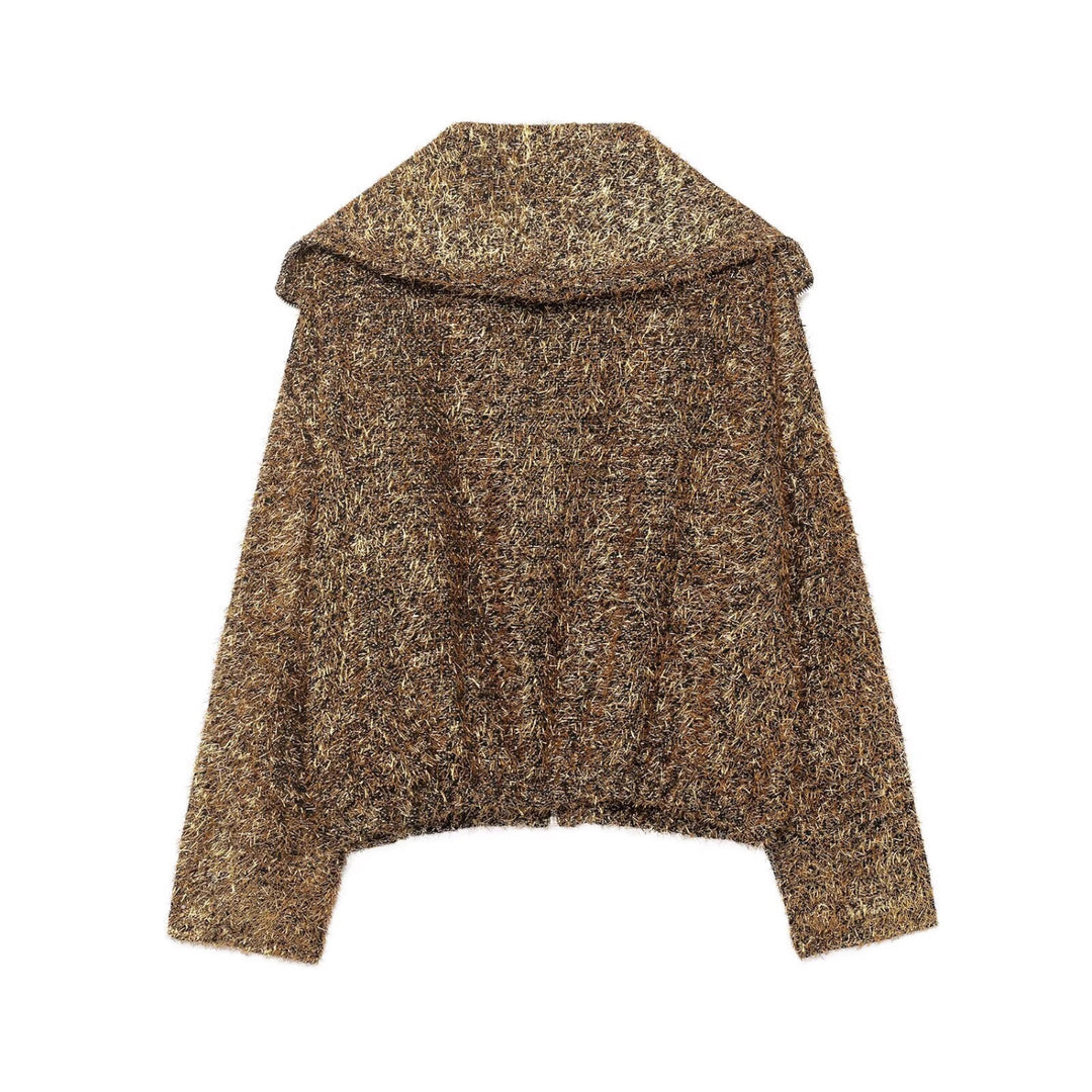 Ladies Glittering Boucle Zip Jacket with Wide Collar and Cropped Boxy Cut Mune Fashion