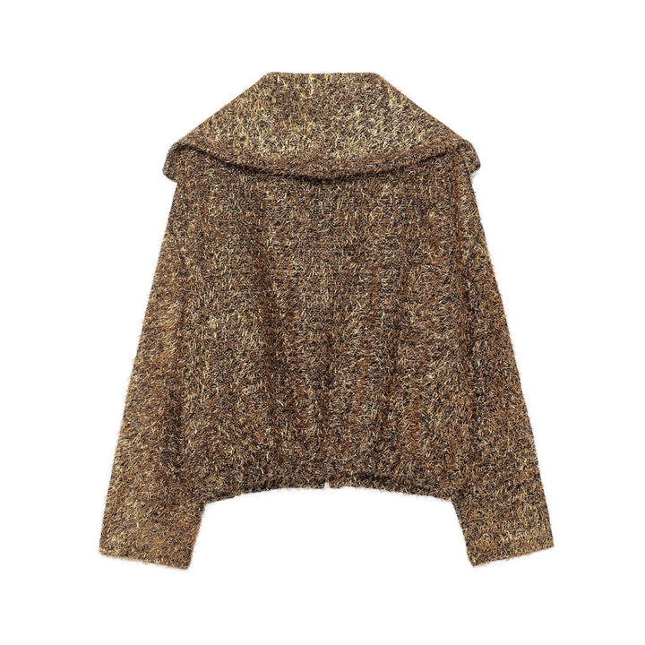 Ladies Glittering Boucle Zip Jacket with Wide Collar and Cropped Boxy Cut Mune Fashion