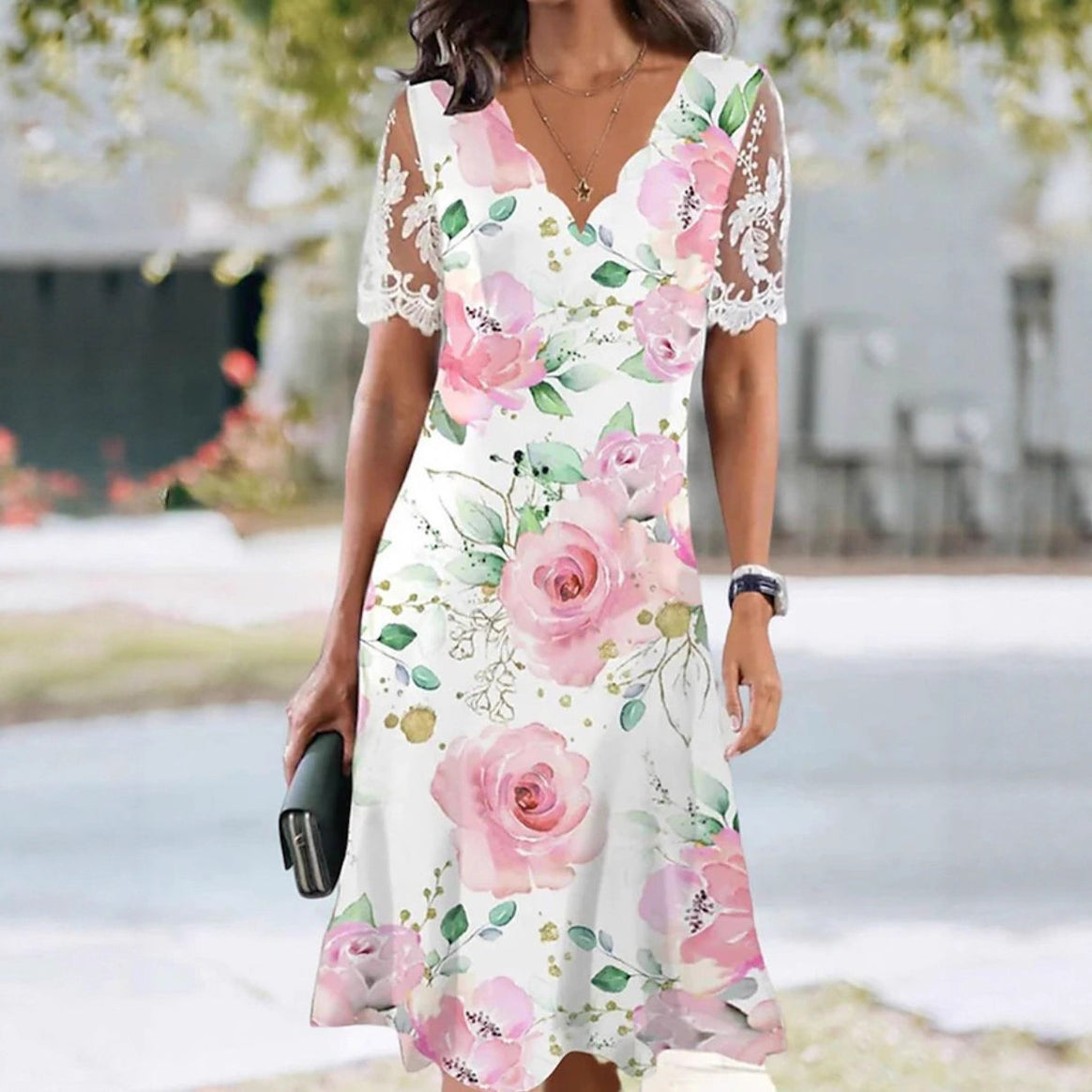 Women's A-line midi dress with wavy V-neck, all-over floral pattern and transparent lace sleeves Mune Fashion
