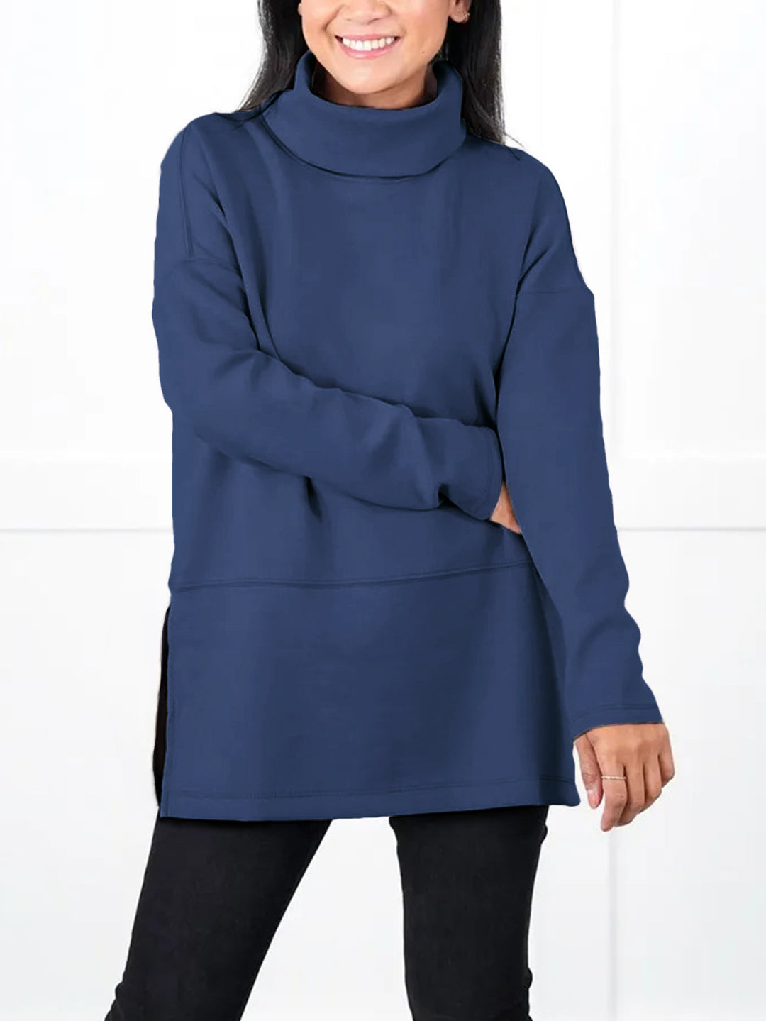 Women's Oversize Sweat Tunic with High Roll Neck, Side Slits and Extended Hem Mune Fashion