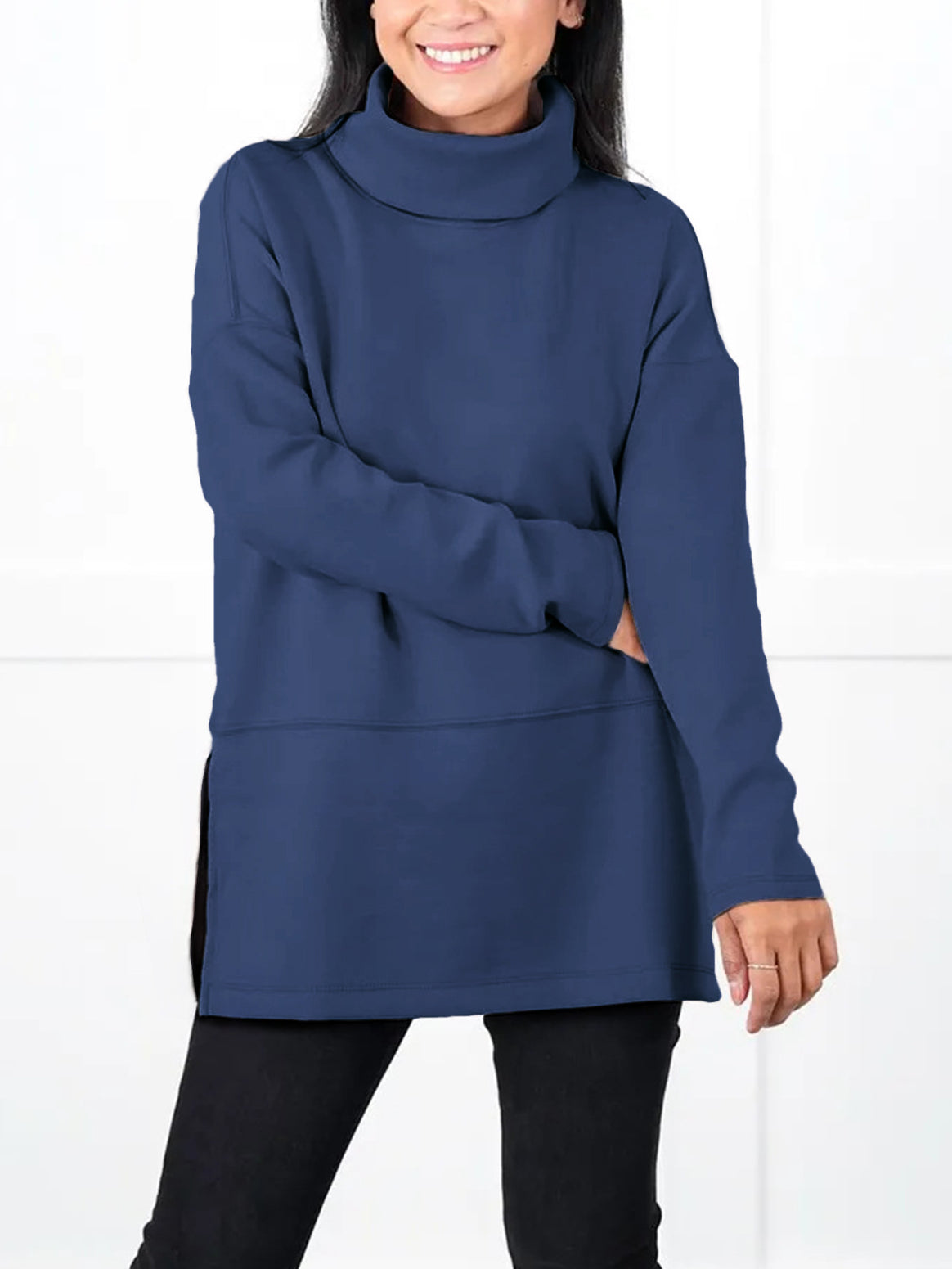 Women's Oversize Sweat Tunic with High Roll Neck, Side Slits and Extended Hem Mune Fashion