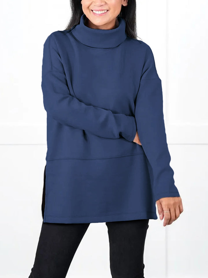 Women's Oversize Sweat Tunic with High Roll Neck, Side Slits and Extended Hem Mune Fashion