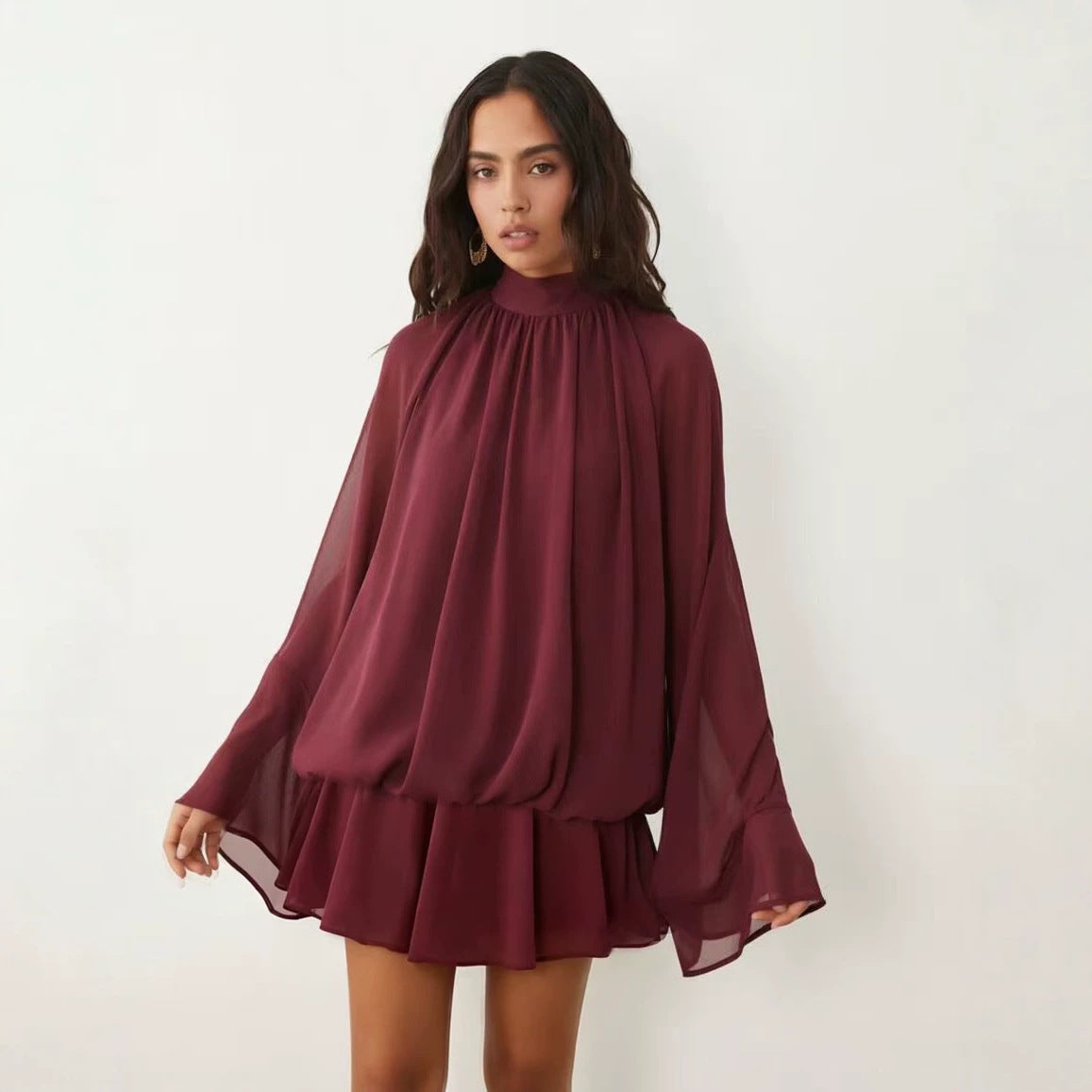 Women's chiffon mini dress with gathered blouse tunic, stand-up collar, and flounce skirt Mune Fashion