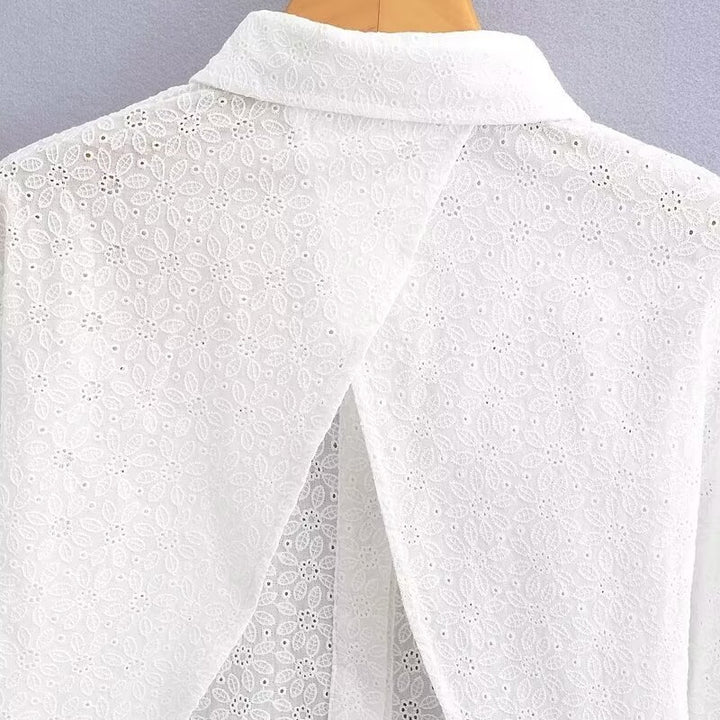 Women's Short-Cut Eyelet Embroidery Blouse with Shirt Collar and Long Ties Mune Fashion