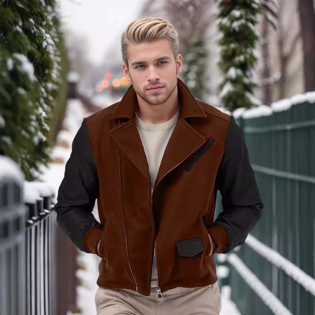 Men's short jacket in aviator style with contrast sleeves and asymmetric zipper Mune Fashion