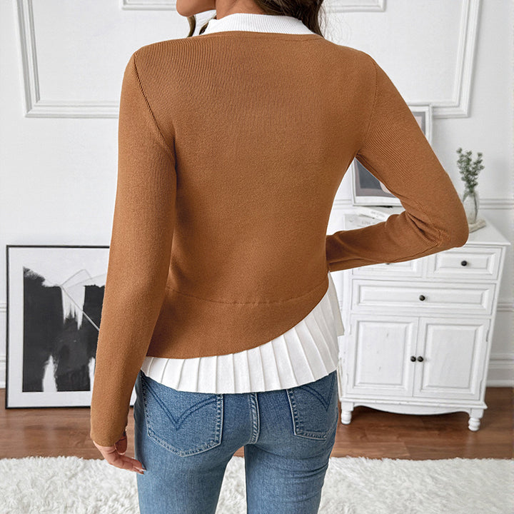 Women's Fitted Knit Sweater with Asymmetrical Button Placket and Pleated Layer Mune Fashion