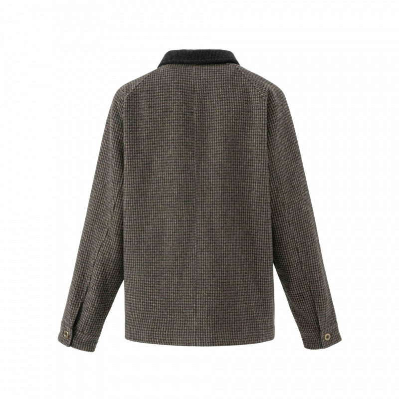 Men's Double-Breasted Wool Mix Field Jacket in Houndstooth with Corduroy Collar and Flap Pockets Mune Fashion
