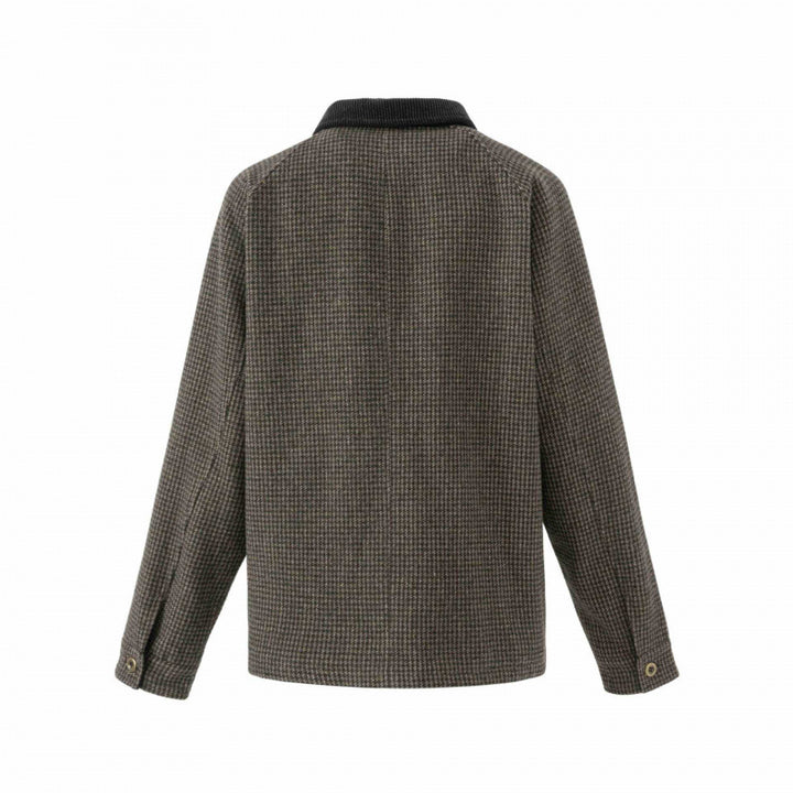 Men's Double-Breasted Wool Mix Field Jacket in Houndstooth with Corduroy Collar and Flap Pockets Mune Fashion