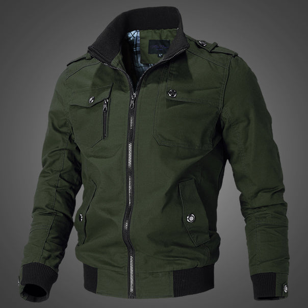Men's Lightweight Canvas Bomber with Utility Pockets, Ribbed Cuffs, and High Stand-Up Collar Mune Fashion