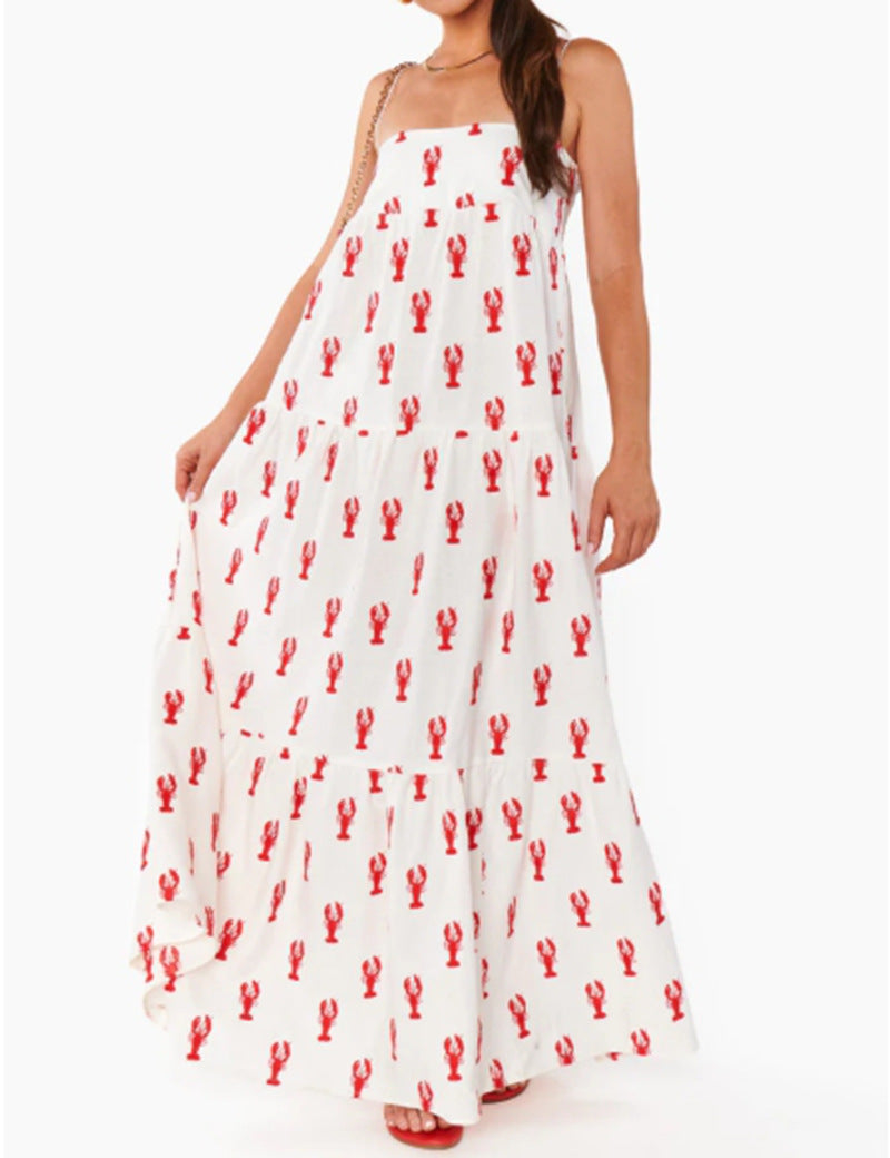 Women’s strapless tiered maxi dress with bandeau top loose A-line and maritime lobster print Mune Fashion