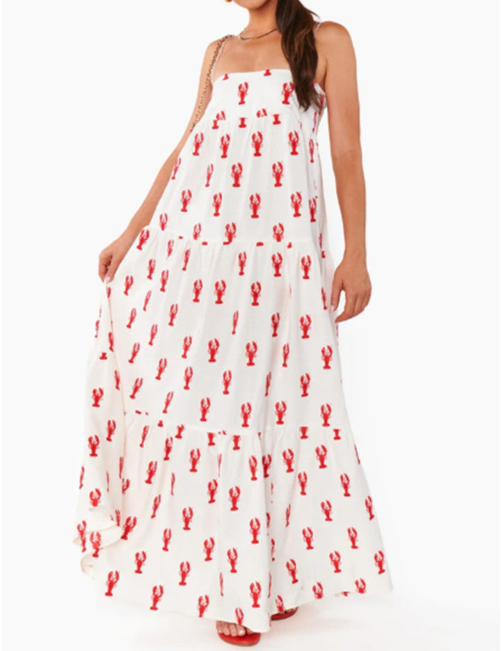 Women’s strapless tiered maxi dress with bandeau top loose A-line and maritime lobster print Mune Fashion