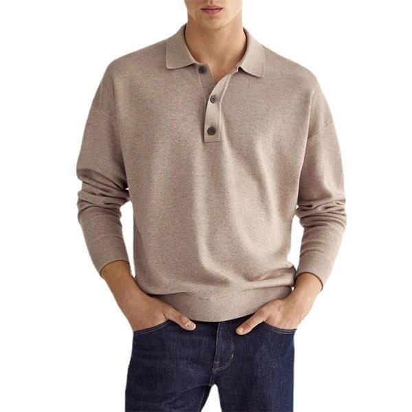Men's fine knit polo sweater with long sleeves, ribbed cuffs, and subtle button placket EB