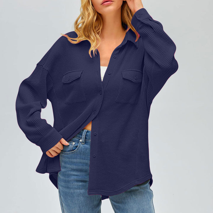 Women's oversized waffle knit shirt jacket with chest pockets and button placket Mune Fashion