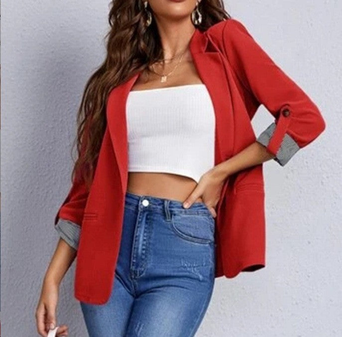 Women nan tailored casual blazer with turned-up sleeves and decorative button detail Mune Fashion