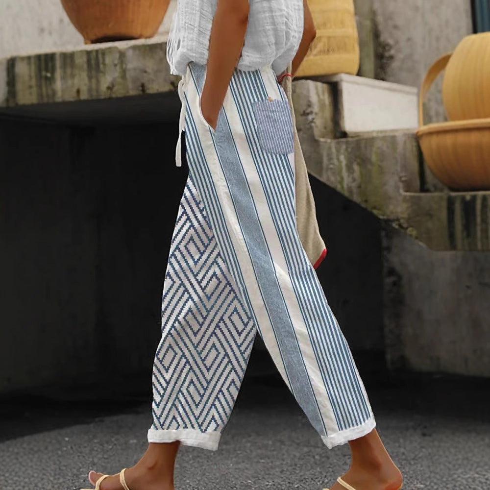 Women's Wide Linen Pants with Striped Pattern Mune Fashion