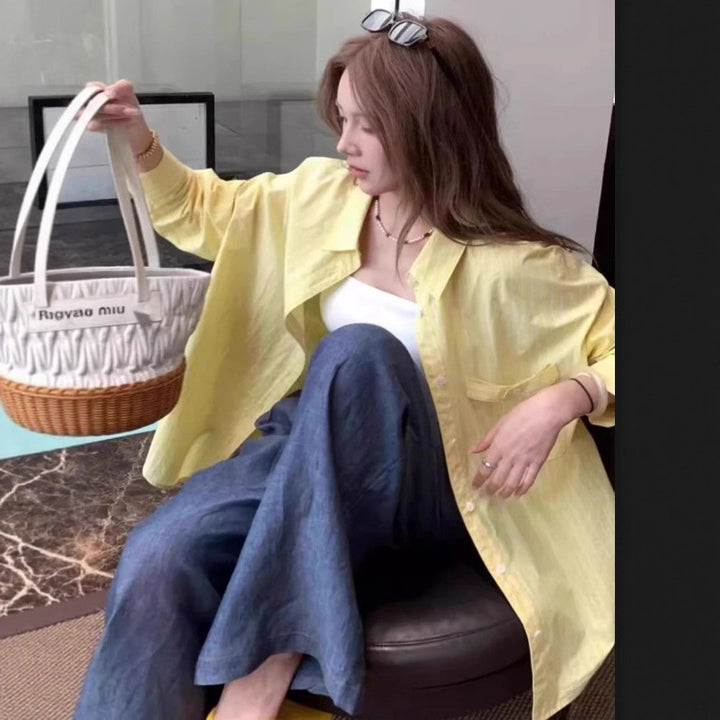 Women Wide Stripe Boxy Shirt with Extended Back Hem and Chest Pocket Mune Fashion