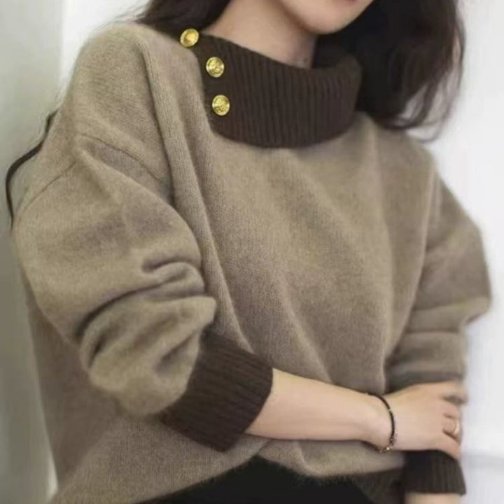 Women's Short-Cut Sweater with Asymmetrical Button Mock Neck and Balloon Sleeves Mune Fashion