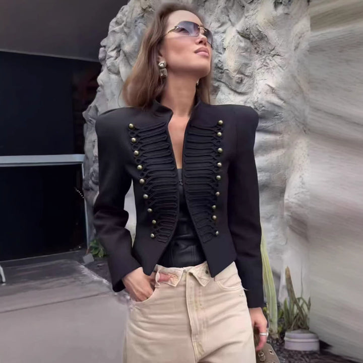 Ladies short jacket inspired by military with stand-up collar and decorative cords Mune Fashion