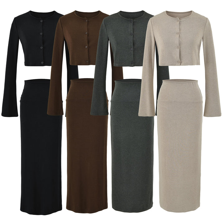 Ladies' cropped set made of fine knit with button cardigan and figure-hugging maxi skirt Mune Fashion