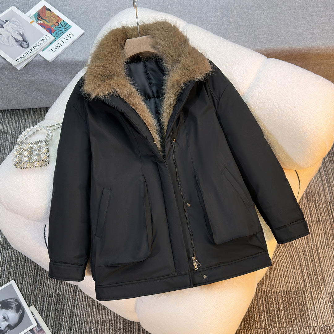 Women's mid-length windproof winter parka with detachable faux fur collar, padded inner flap and asymmetrical hem Mune Fashion