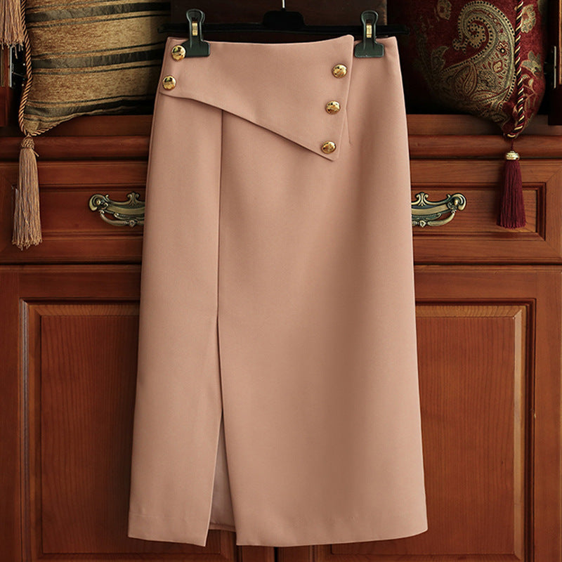 Women's Elegant Midi Skirt with Asymmetrical Cut and Gold Buttons Mune Fashion