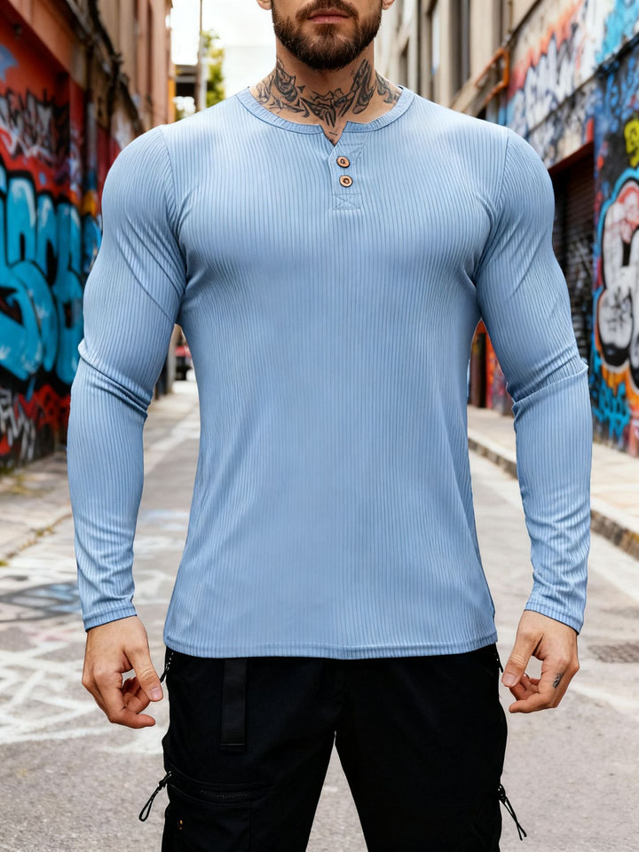 Men's ribbed long-sleeve Henley shirt with flat button placket and fitted stretch fit Mune Fashion